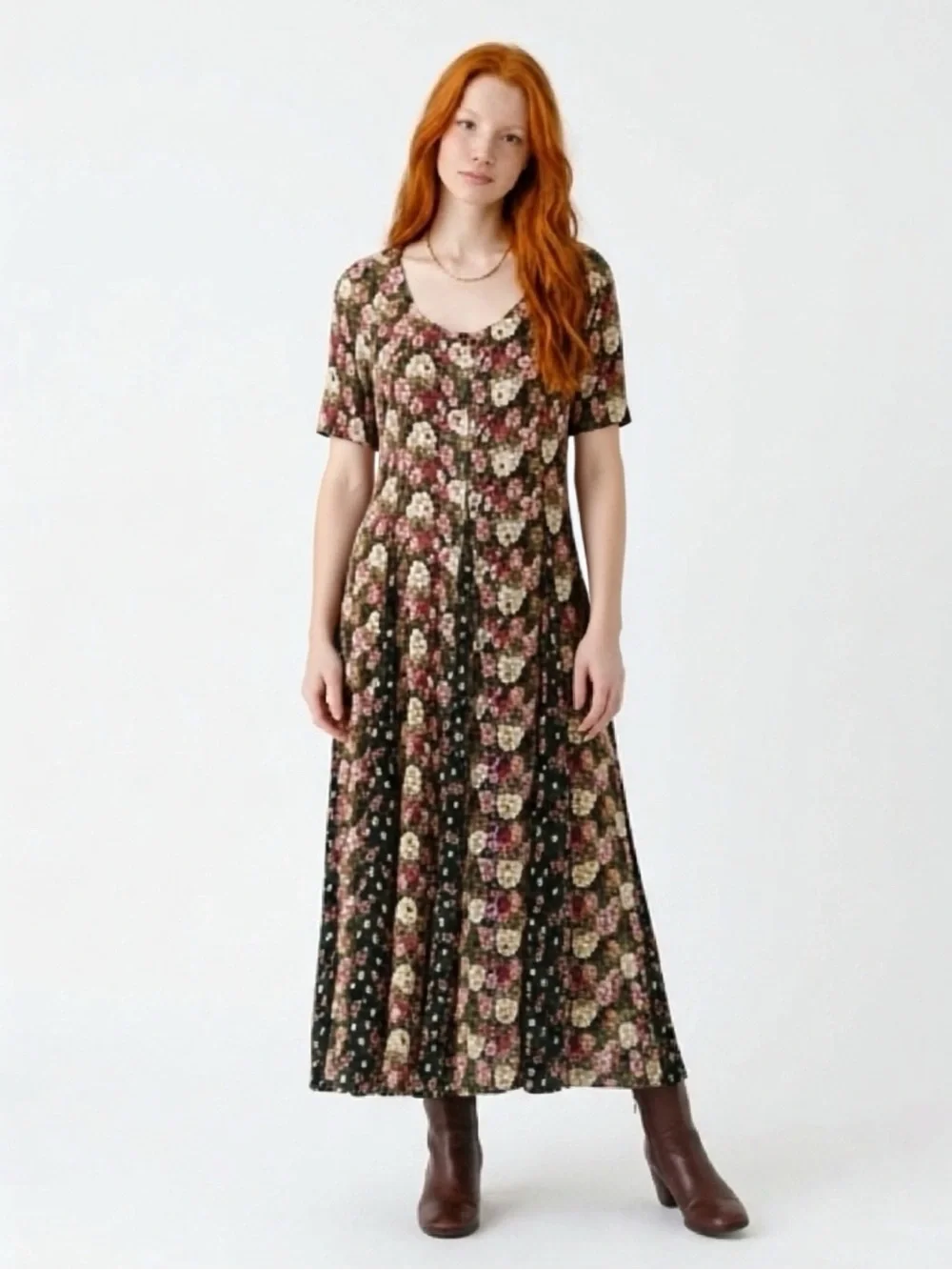 Vintage 90s Nostalgia Black Maxi Dress with Pink and Cream Floral Print